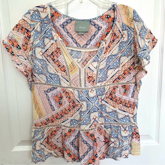 MAEVE For Anthropologie Colorful Short Sleeve Boho MESA Blouse  Size XS - Picture 3 of 6
